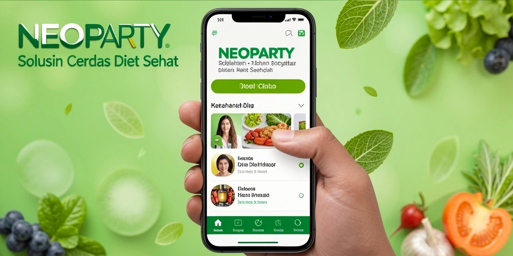Antarmuka pengguna aplikasi NEOPARTY dengan tampilan fitur Diet Sehat.