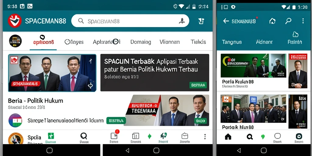 Antarmuka aplikasi SPACEMAN88 yang menampilkan berita politik hukum.